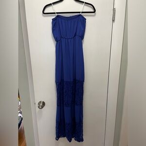 Blue strapless maxi dress with lace bottom